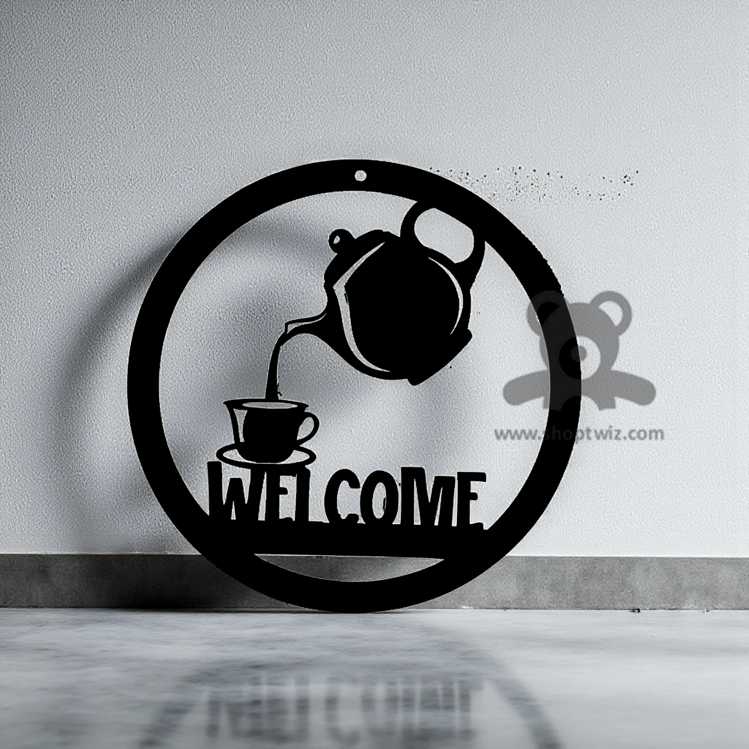 ShopTwiz Wooden Welcome Hanging Sign With Tea Pot Design - Elegant Corporate Gift
